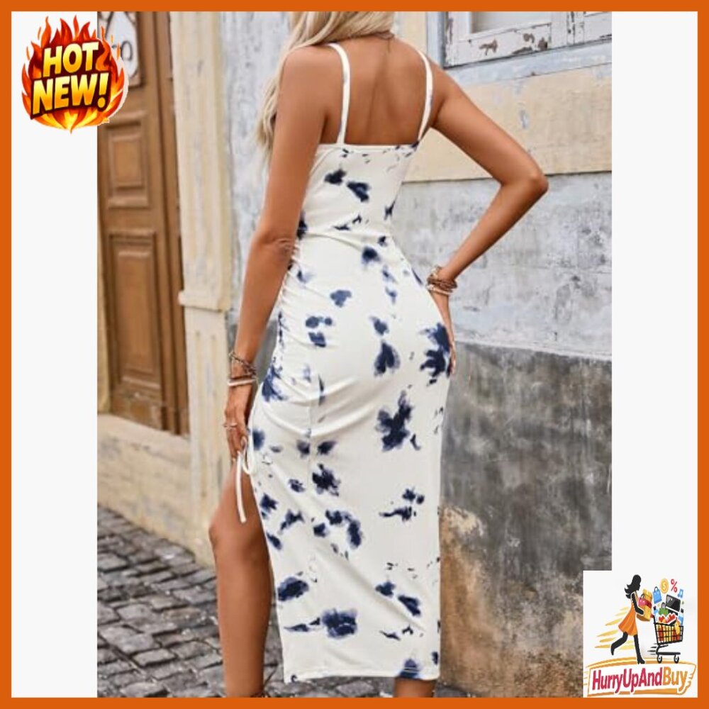 Sleeveless Spaghetti Strap Split Thigh Ruched Dre… - image 2